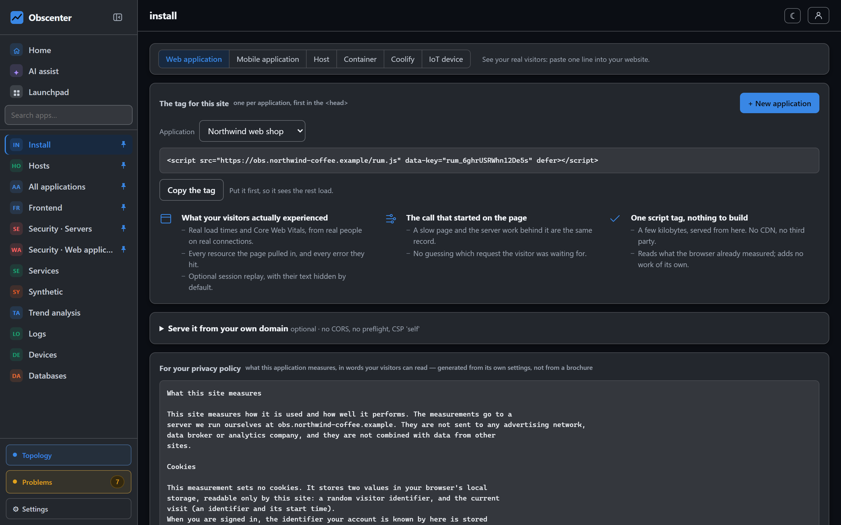 The install page with the tag to copy