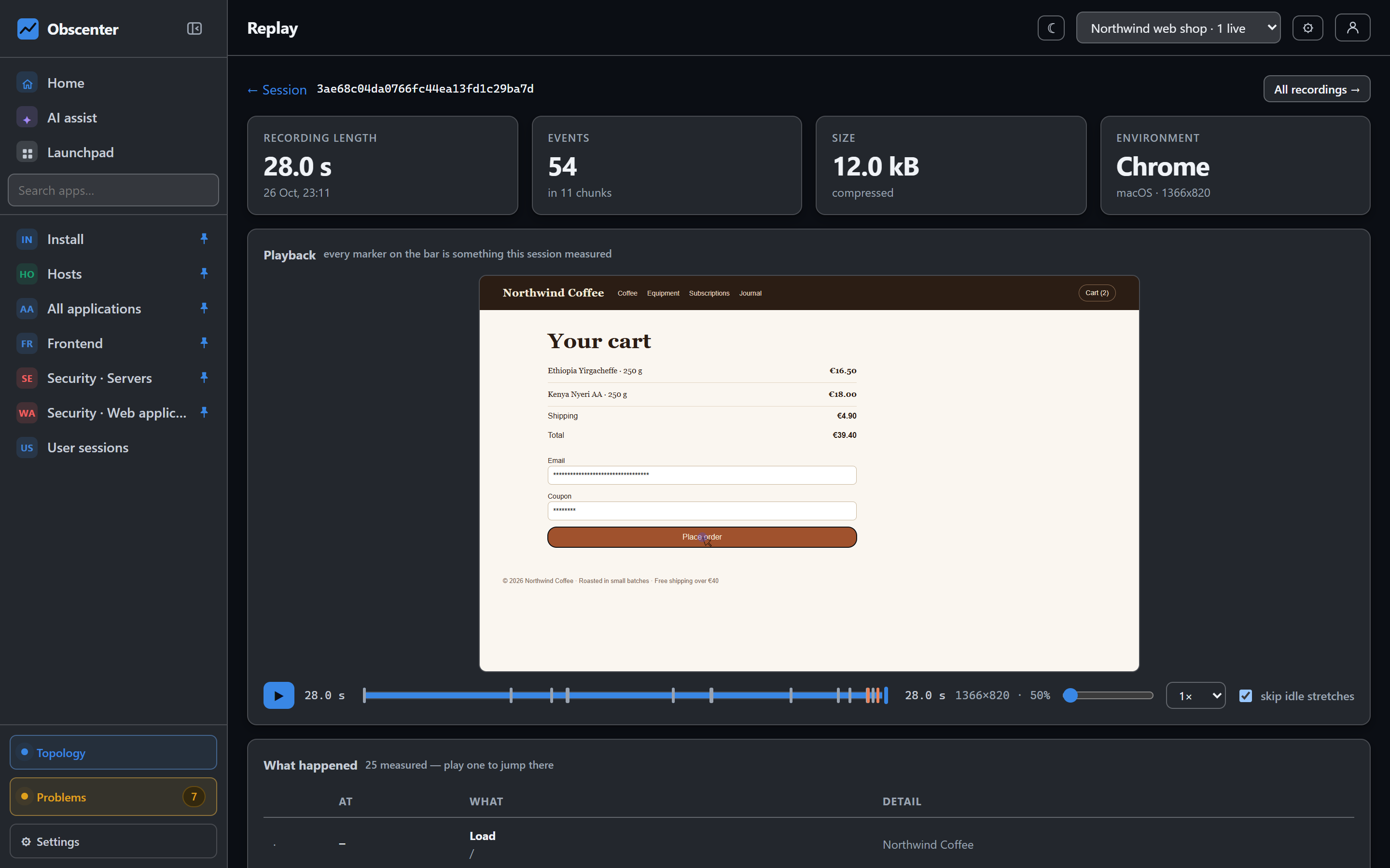 Session replay player with a recorded Northwind Coffee visit and its timeline
